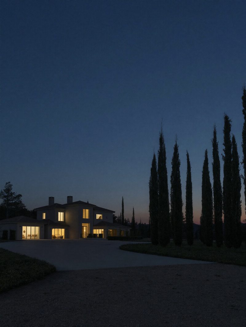 Anwesen in der Abenddämmerung mit warmem Licht